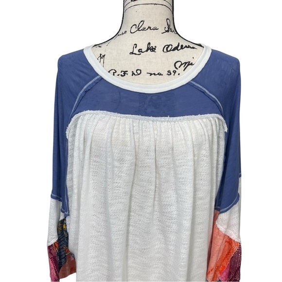 Free People Batwing Oversized Flowy Boho Color Block w/Florals Raw Hem Size L - Picture 6 of 14